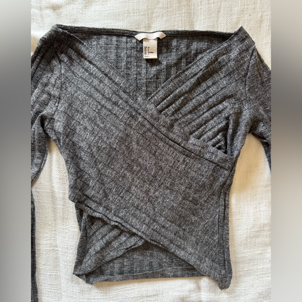 Gray Ribbed Wrap Sweater